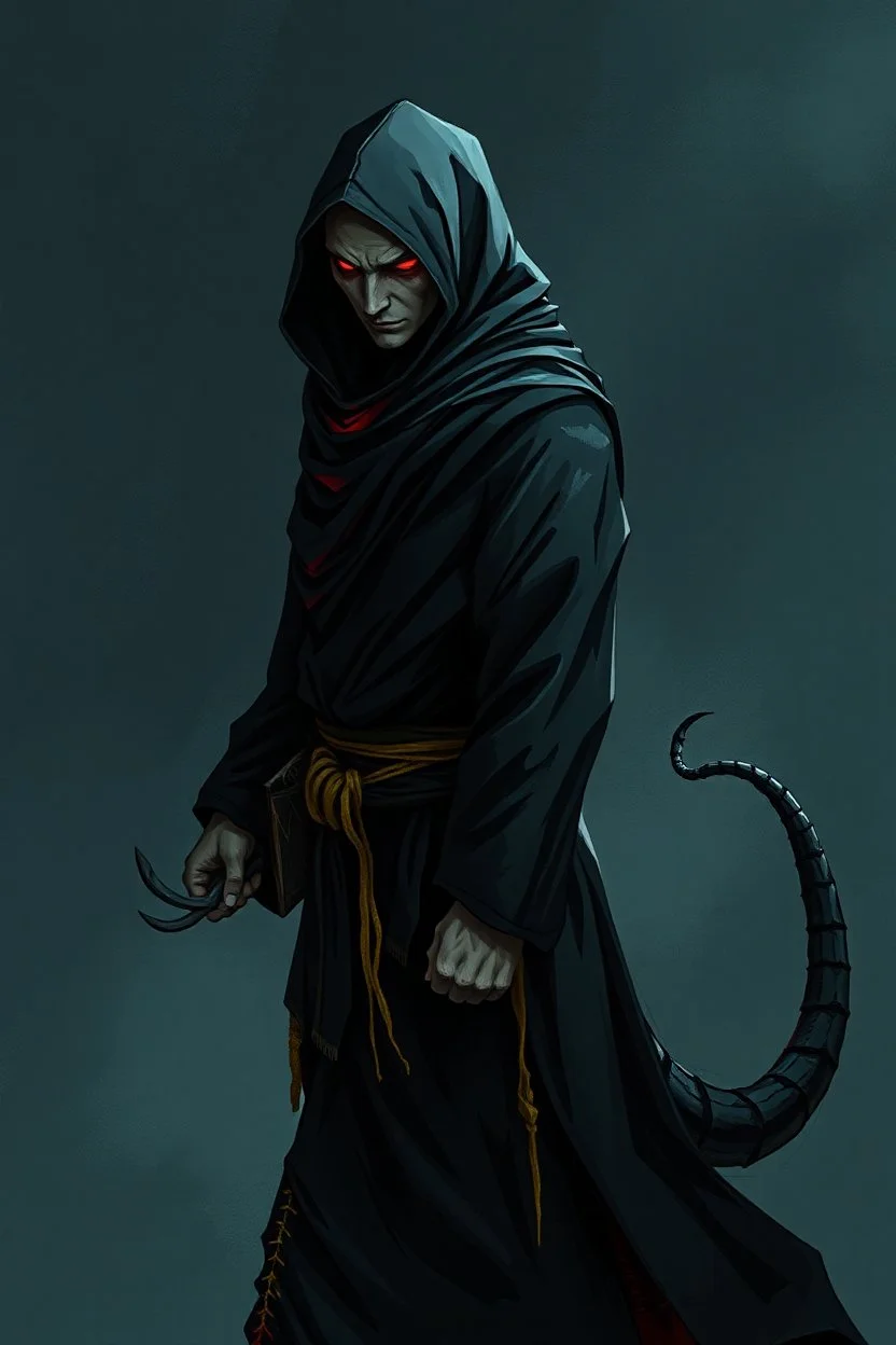 ou’re looking at someone who doesn’t just walk into shadows—they belong to them. The black robes cling like a second skin, the belt tied tight with gold thread that catches the light only when he moves. His face is wrapped, but not hidden—his eyes glow like embers, red and steady, as if he’s already seen what waits inside the cave. The tail curls behind him, not in fear, but in readiness. He doesn’t need a torch, because the darkness answers him.