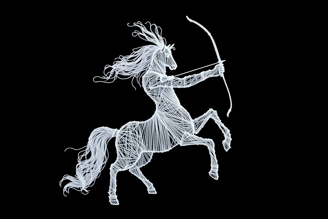 2D yarn and string art, minimalism, Male Centaur in an aiming a bow and arrow pose made entirely out of white string, dark negative space, extreme contrast, concept art, stunning, dramatic, intricate details