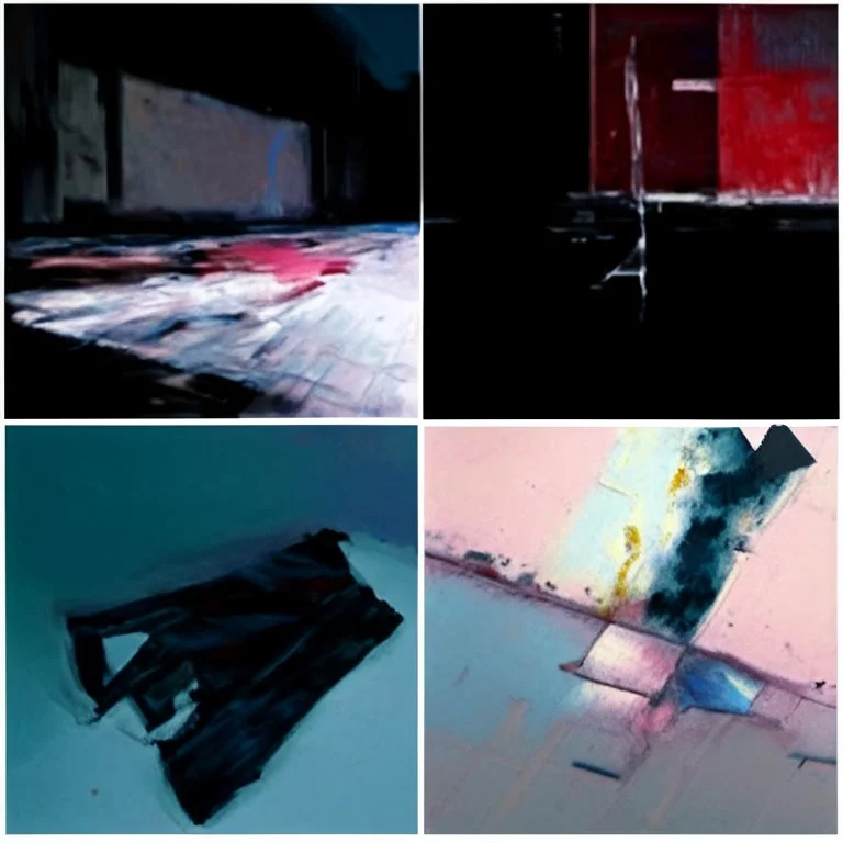 Minimal abstract oil paintings close up body parts and concrete fragments, in carpark, illuminated at night, style of Justin Mortimer and Francis Bacon