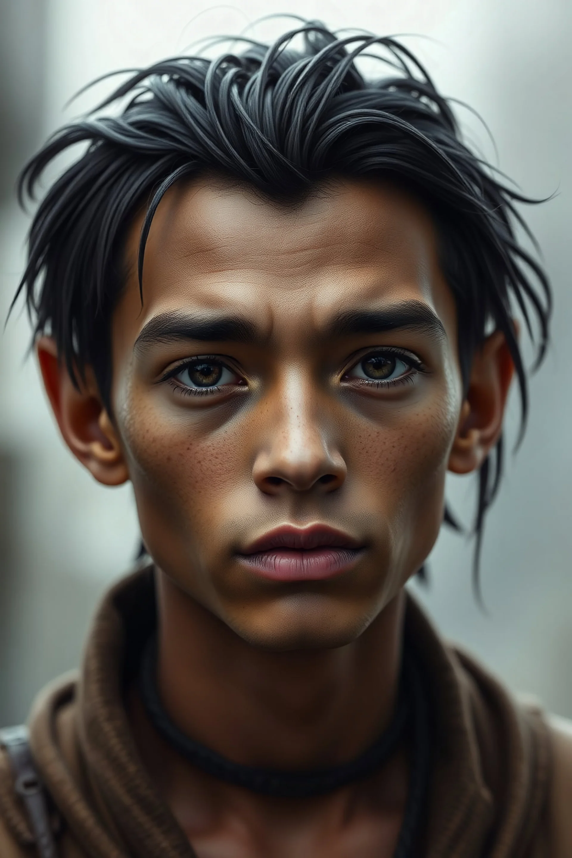 Young handsome tanned alien male. He has large boney ridges on his forehead and on the bridge of his nose. He has black hair growing from his head.