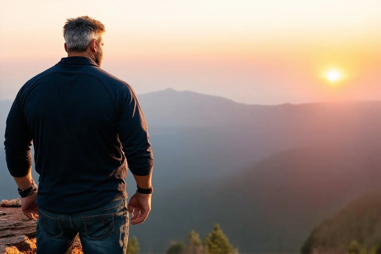 a brawny man with grey hair views sunset from a cliff