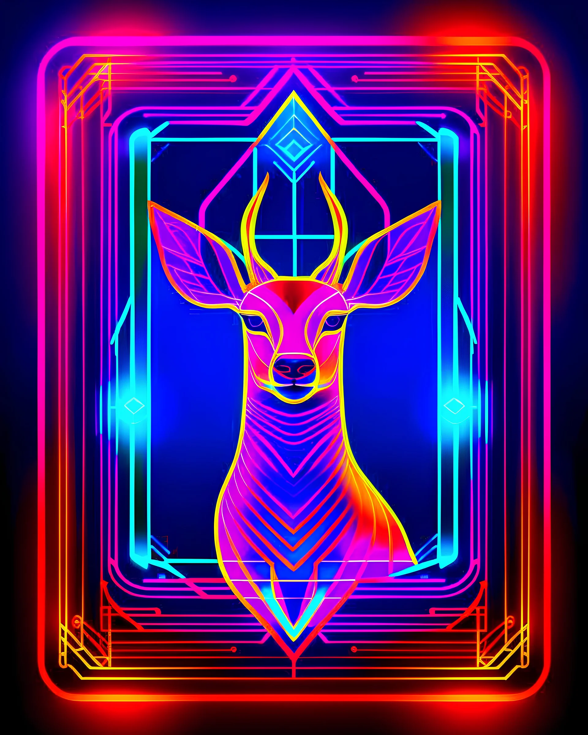 coloring pages: Envision a digital artwork of a deer outlined in neon colors on a coloring page, surrounded by a futuristic rectangular frame with holographic patterns. This modern interpretation combines the traditional joy of coloring