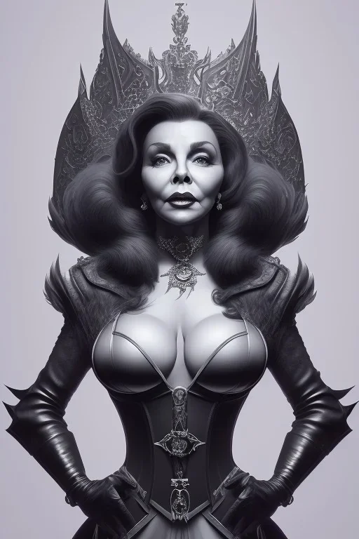 Joan Collins as evil queen in black leather, leather, busty, cleavage, angry, stern look. character design by cory loftis, fenghua zhong, ryohei hase, ismail inceoglu and ruan jia. unreal engine 5, artistic lighting, highly detailed, photorealistic, fantasy