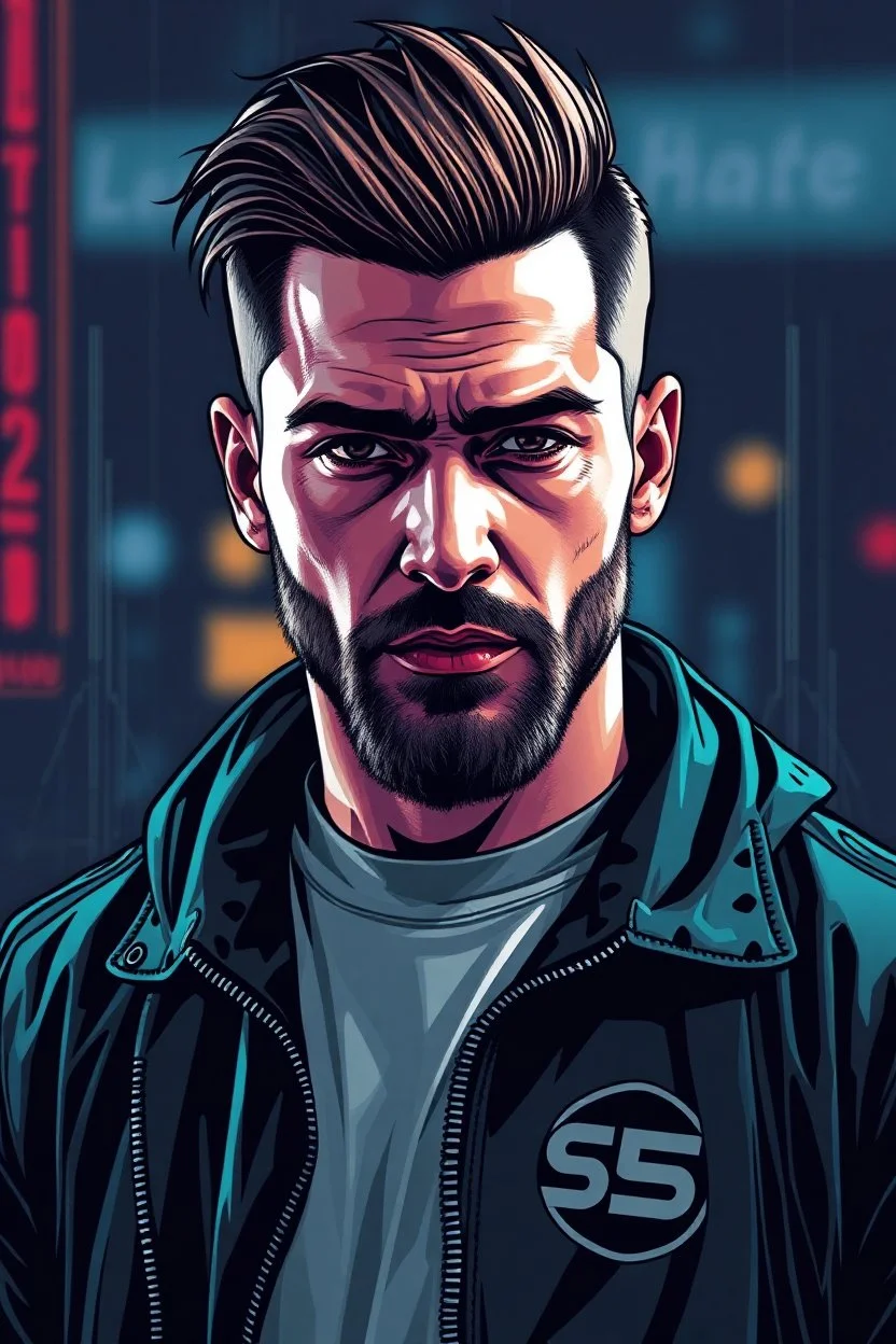 Create a cyberpunk graphic picture of RONALDO shaven, handsome leader hacker, using these colors HEX #e5cff8 HEX #9268e6, the clothes should contain a logo with the letters S25.