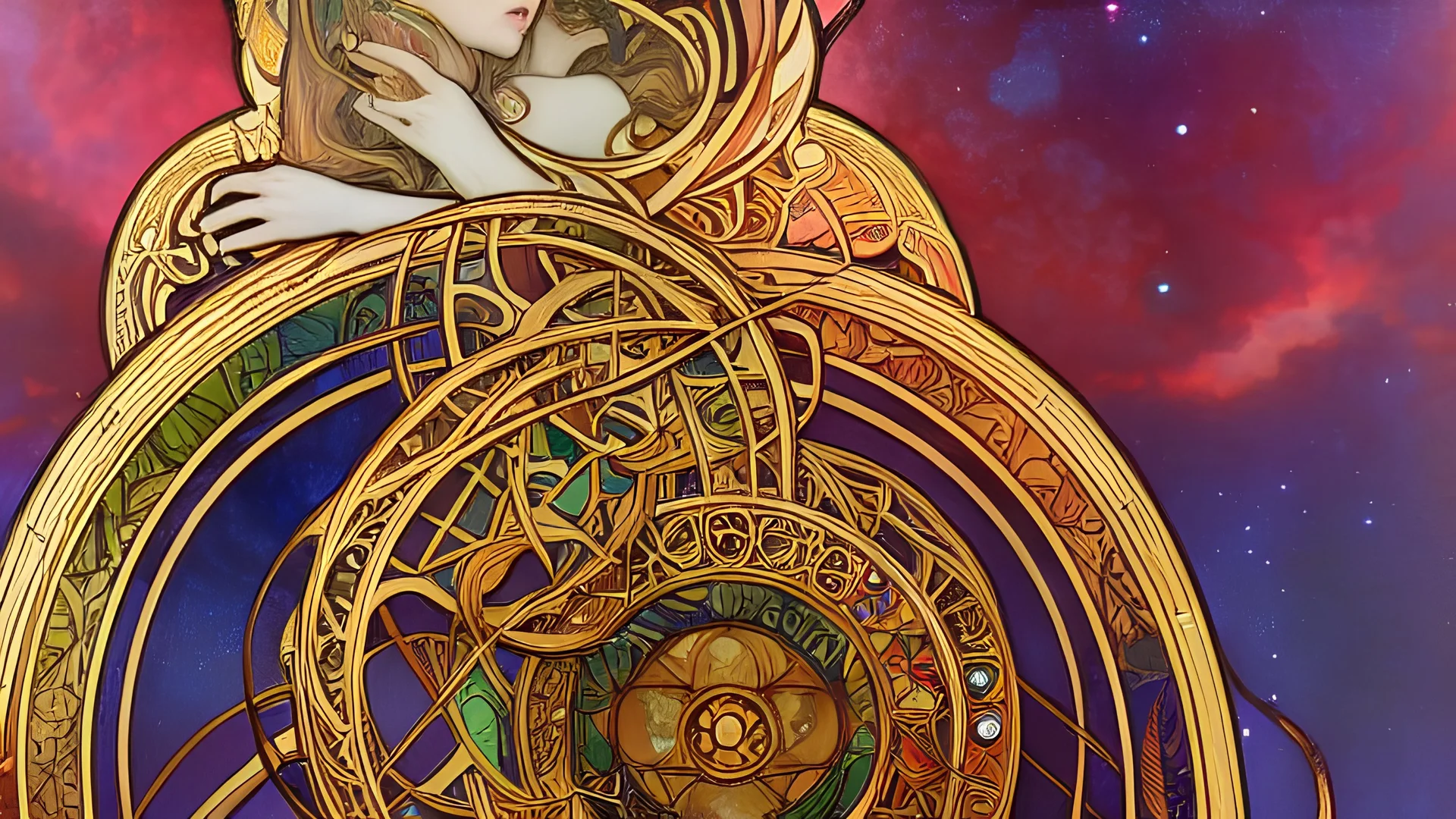 art by Alfons Mucha and Patrick Woodroffe, stained glass motif, bilateral symmetry, Ouroboros, infinity symbol, mystical, mechanistic, metaphysical, serpentine, cosmic, nebula, HD 4K, sharp detail, photo-realistic, octane rendering, award winning photography, cinematic lighting