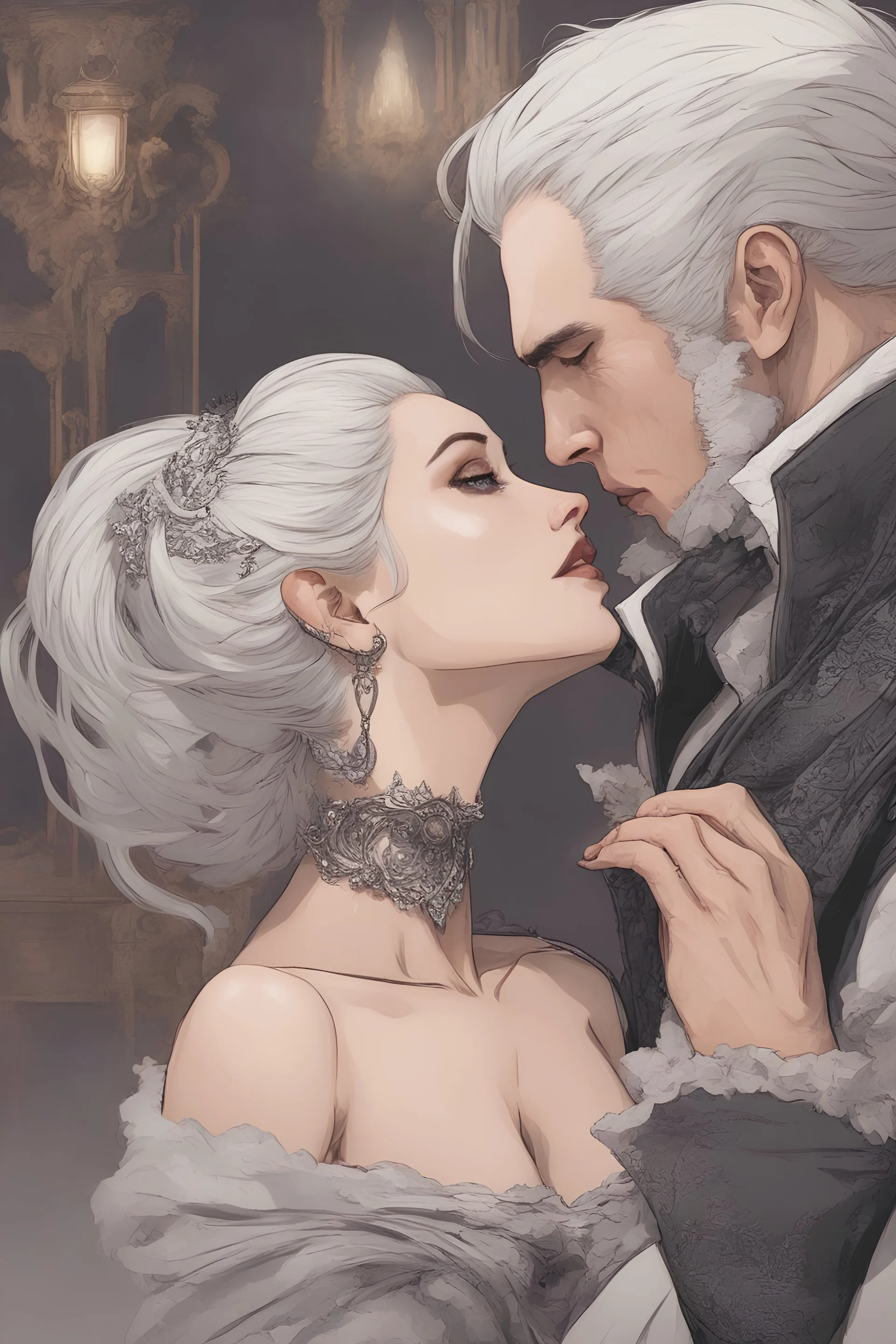 Strahd Von Zarovich being kissed onthe neck by a beautiful woman with white hair, wearing an off the shoulder dress. Settling and background are a lavish toomb with an ebony coffin.