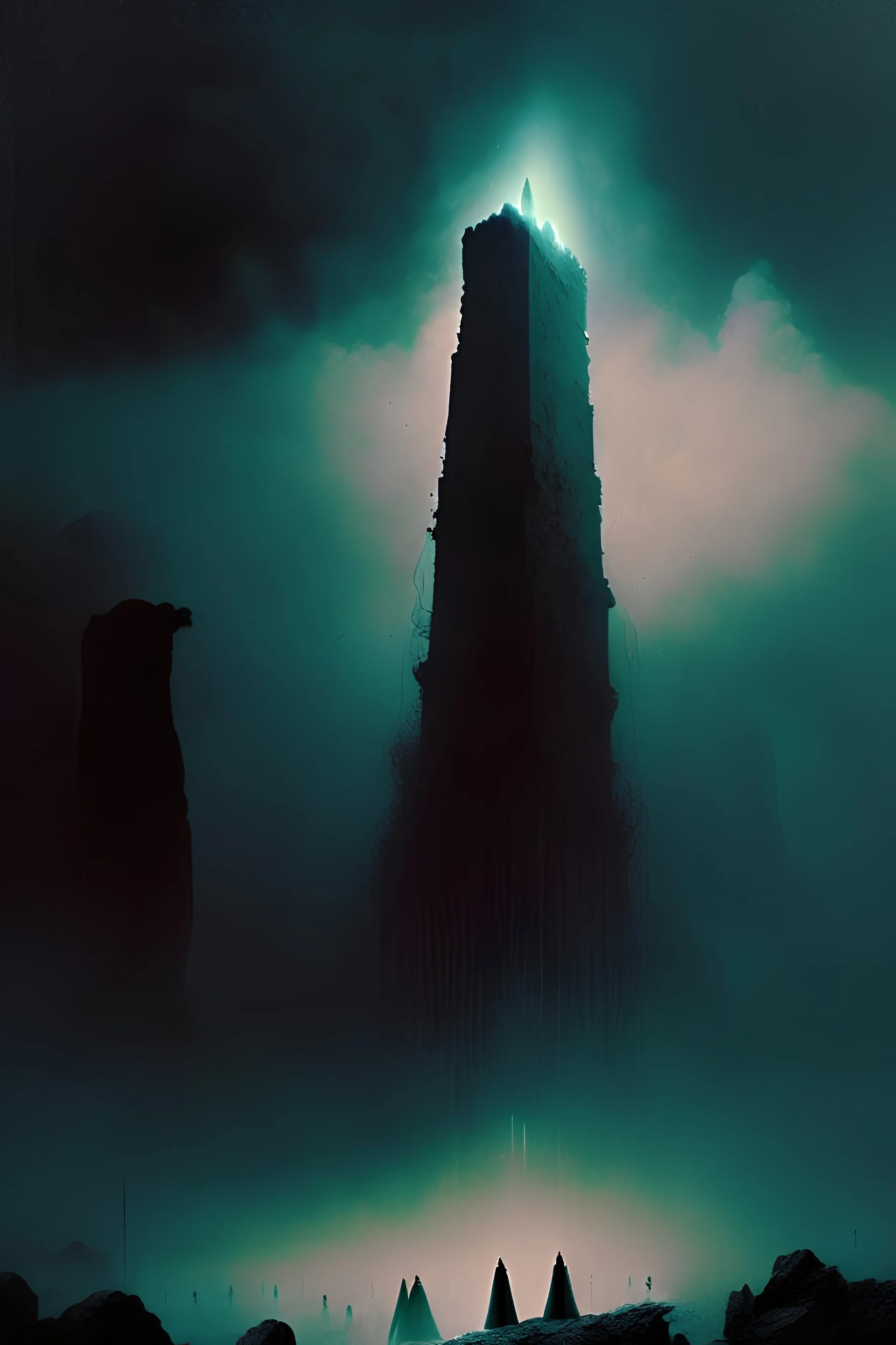 A monolith descending from the sky,pointing down at ancient ruins,flock of robed cultists praying,deep shadows, cinematic lighting,in the style of Zvidslav Beksinski, ominous fog in distance dark room