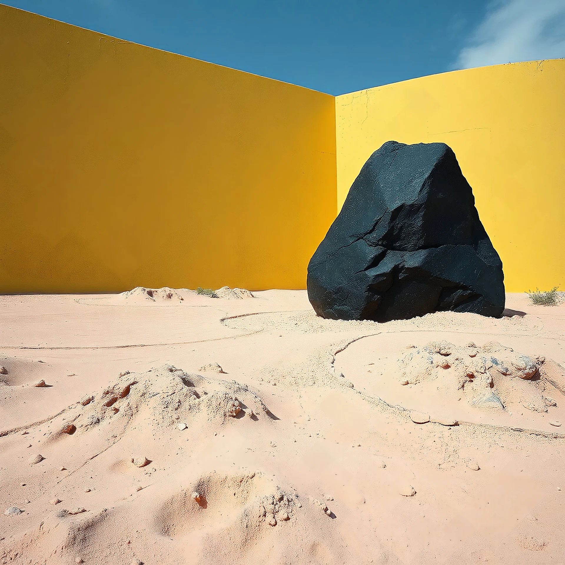 Photograph of outskirts of a city, ominous and odd black ireegular stone rises from the earth, details of the stone very accentuated, brutalist style, yellow wall, liquid, powder, pastel colors, shot on Hasselblad, minimaximalist, detailed, 8k, museum, deep 3d field