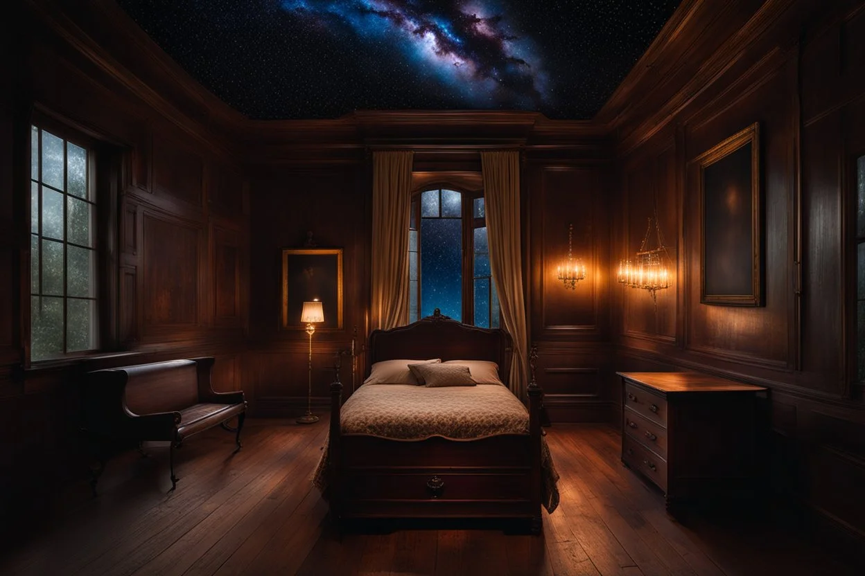 strange evening in vintage bedroom, deep dark colors, old wood floor, old antique bed, translucent walls, ceiling the galaxy with stars, etheral, mystic, stunning, cinematic