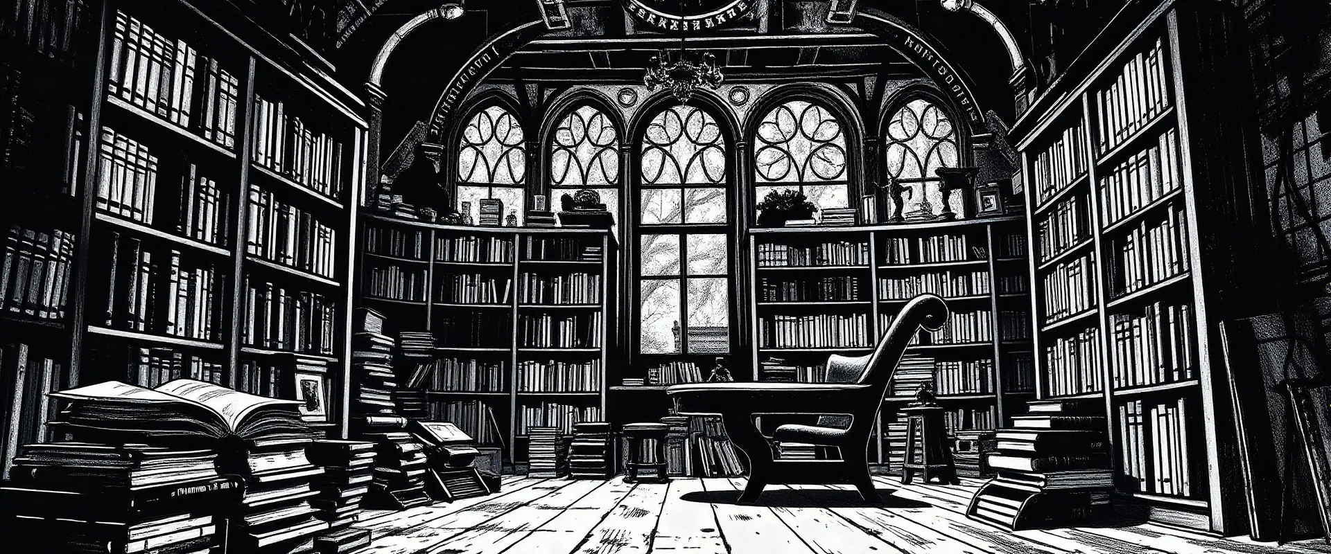 comic style, ink, books, library, chiaroscuro