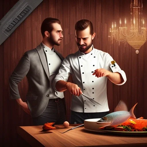 up close portrait of handsome man and another chef in front dark wooden wall, fish in chandelier, shiny fork and knifes on dinner table with cloth, fantasy art book cover