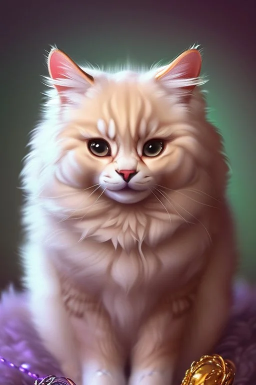 in the middle is A knitted cute adorable fluffy plushy smiling cat holding a basket of jewels and gems. His fur is realistic. The background is a romantic carpet bokeh digital painting extremely detailed studio lighting crisp quality and light reflections 8k cinematic lighting portrait photorealistic ultra detailed cinematic postprocessing focused