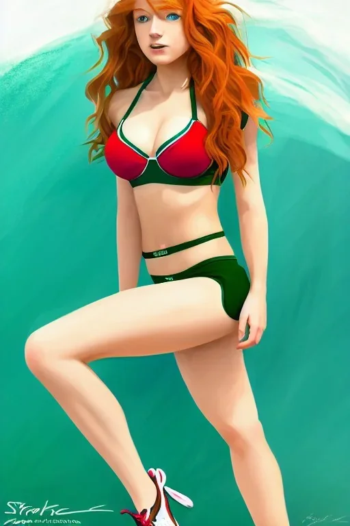 concept illustration, hyper detailed, strikingly beautiful teen female, 16 years old, long ginger hair, green eyes, medium freckles, full lips, full body, full face, b-cup breasts, athletic, centred camera, ignore NSFW, bikini, athletic, sitting, legs spread