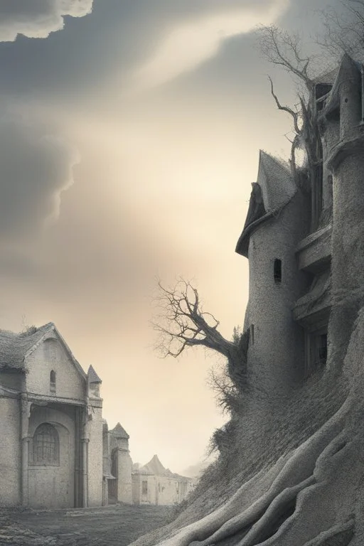 surrealis monochrome A fragmented, surreal sculpture liguid color of photorealistic image 3d,psychedelic art of an castle glossy emerging from dreamlike a crumbling building. The face appears pale with deep cracks and intricate details, evoking a haunting expression. Blackened tree branches intertwine with the gold mengkilat cracks, set against a backdrop of stormy, cloud-filled skies. bauhaus art The overall tone is dark and moody, suggesting themes of decay and transformation.fine line draw st