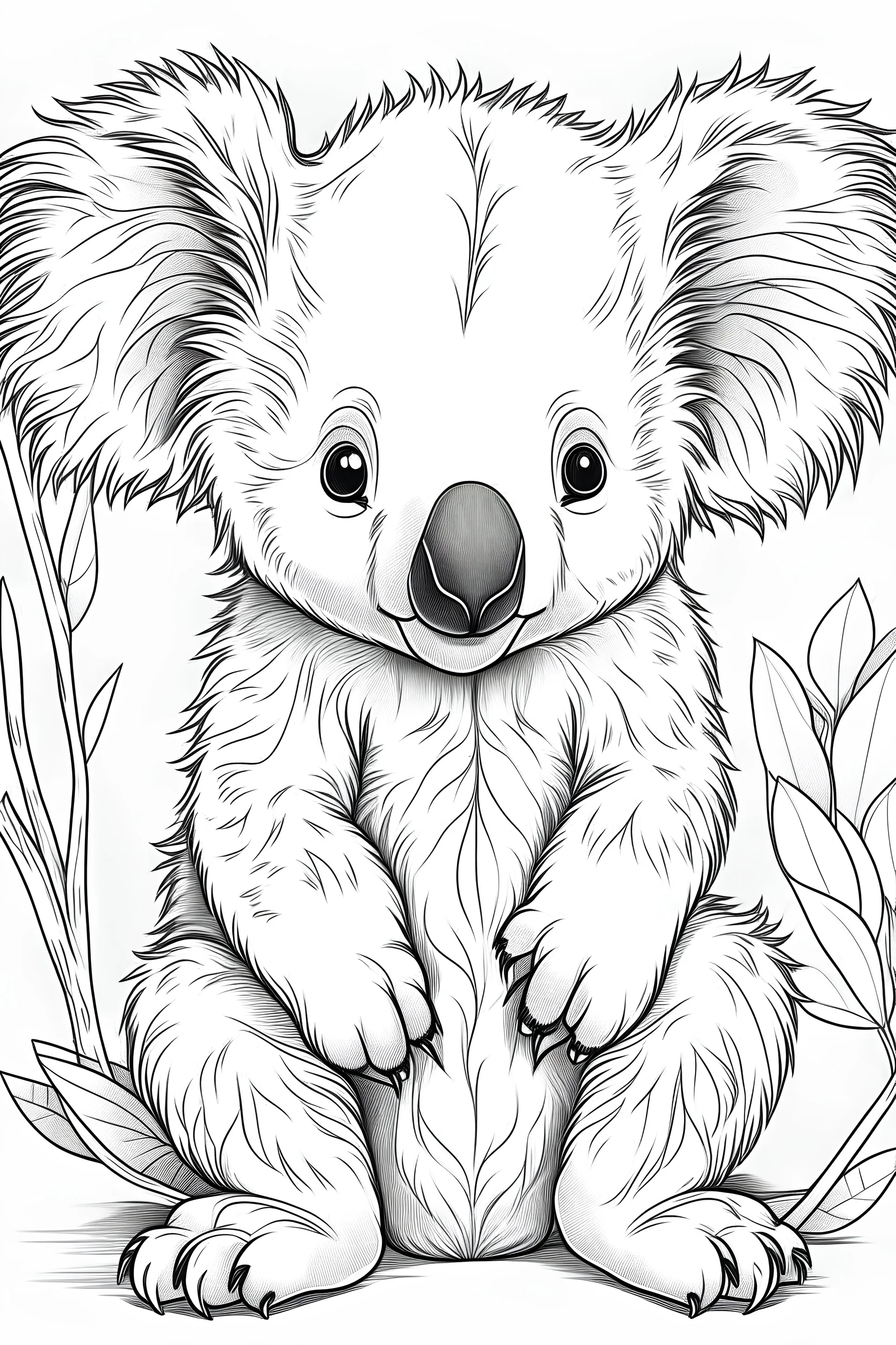 simple outlines art, bold outlines, clean and clear outlines, no tones color, no color, no detailed art, art full view, full body, wide angle, white background, a smiling cute baby koala