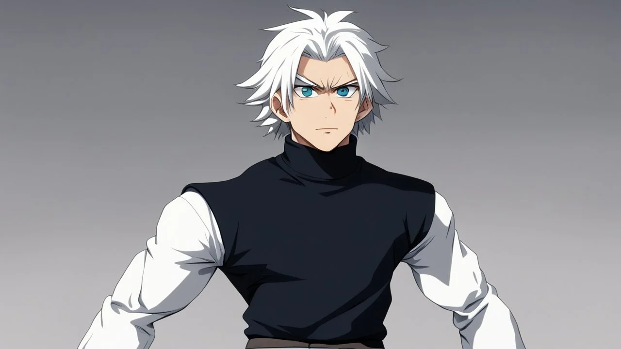 Satoru Gojo is a young guy white hair blue eyes black turtleneck without arms white loose pants in a defensive pose