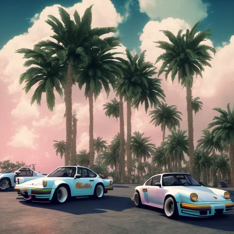 1980's aesthetic vaporwave palm trees and spheres and Porsche with lightning