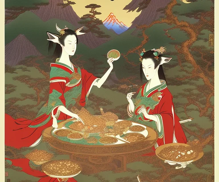 Magical mountain, an elf queen feeds near the deer, ukiyo-e