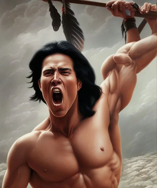 native american warrior, long black hair, big muscles, looking up, mouth wide open, scream face, shirtless