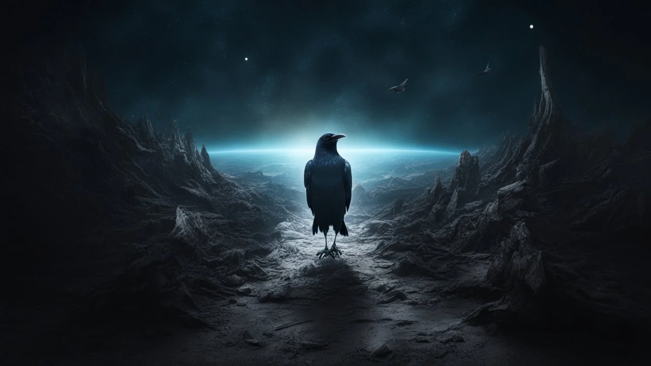 Crow in a space, at the end of the time, hyper realistic