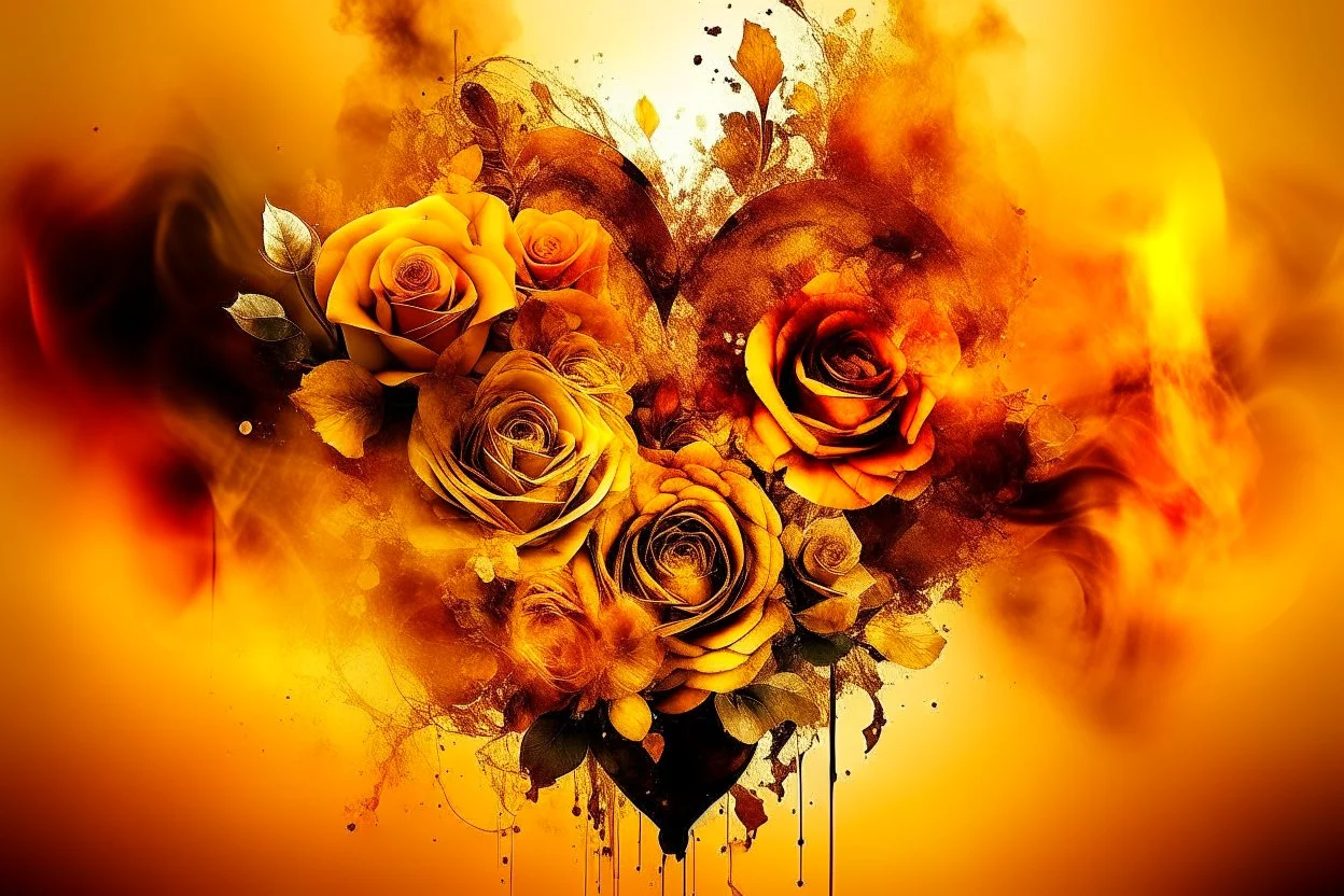 double exposure, merged layers, roses with dynamically blazing fire in ochre, ink splatter art, watercolor and ink, golden glitters, double exposure heart and love