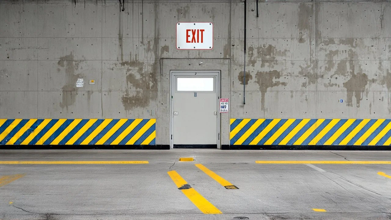 wall design for parking garage, concrete, yellow painted hazard lines, weathering and water stains, in middle is an exit doorway with small window, with a sign is above. rough painted hashmarks and parking lines, add signage found in a parking garage.
