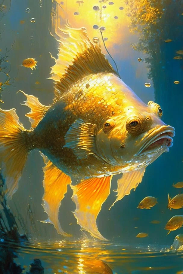 cartoon Lagging fish with pixels, , digital art, beautiful, golden hour, sharp focus, ultra detailed, astral, magic, surreal, by Andon Harav, Ivan Shishkin, John Berkey, masterpiece, award winning painting, renowned artists,
