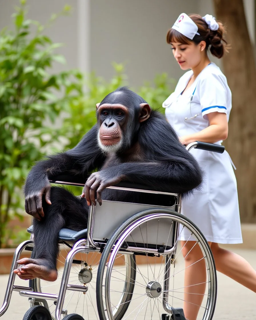 An old chimpanzee sitting on a wheel chair, beautiful nurse pushing the chat from behind