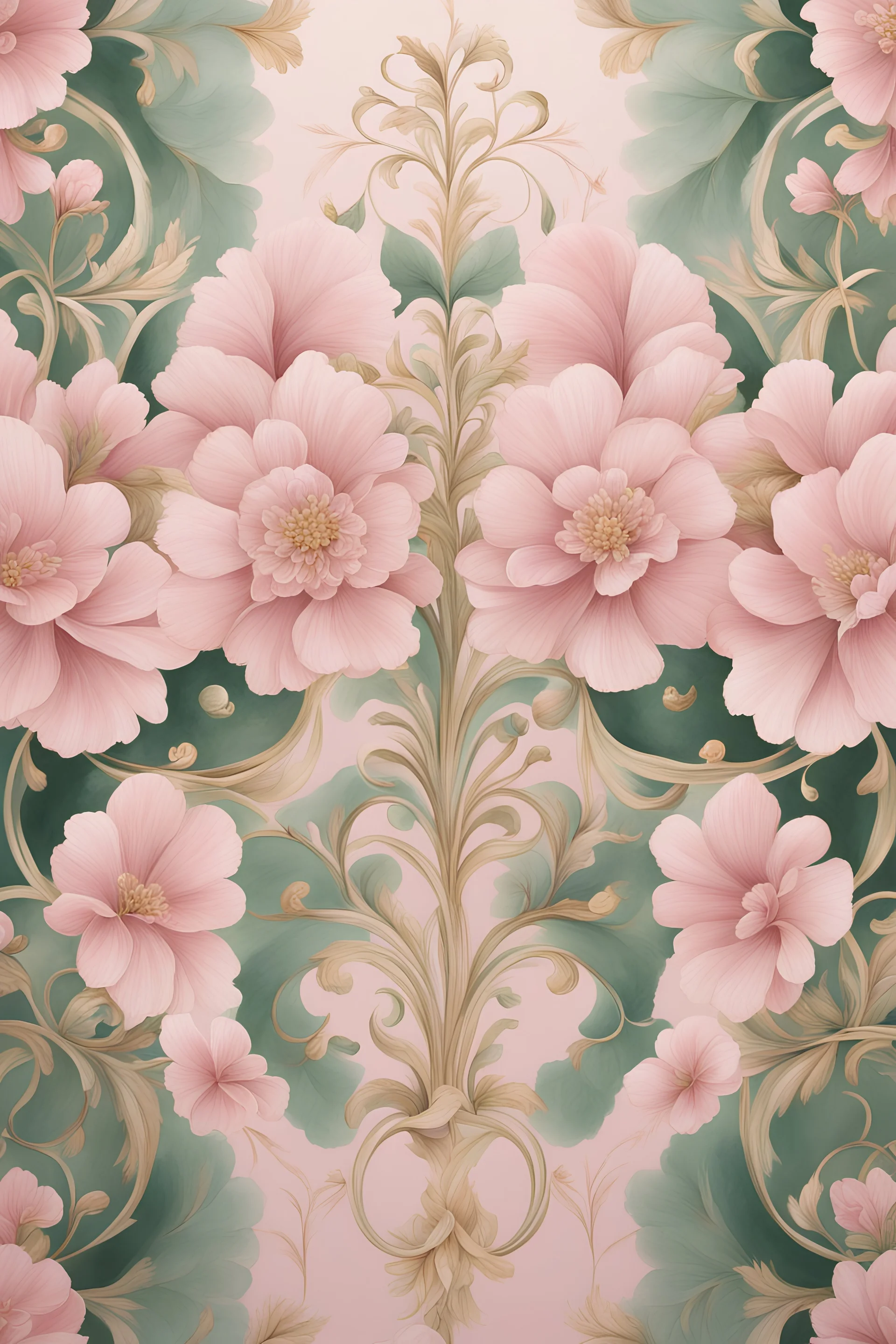 Create a hand-painted mural featuring symmetrical floral patterns in delicate pink and green tones. Integrate subtle gold accents to enhance the elegance and charm of the design.