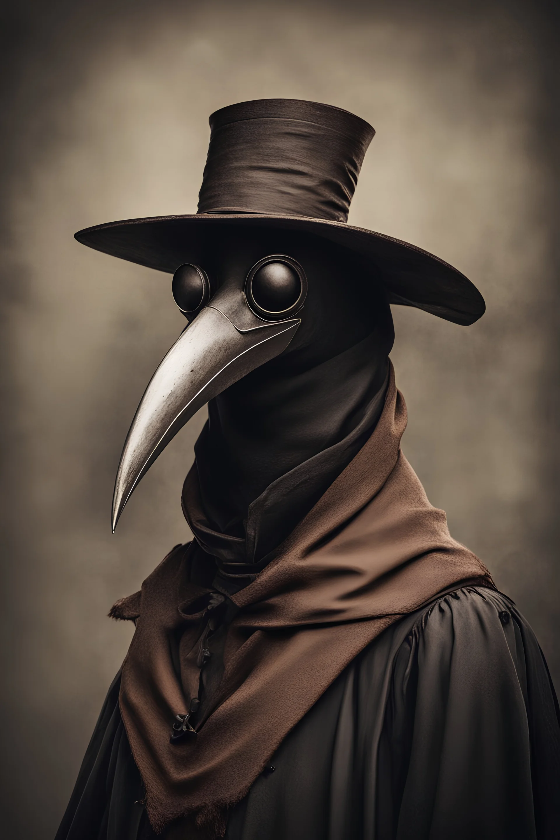 a plague doctor with a brown coloured beaked mask
