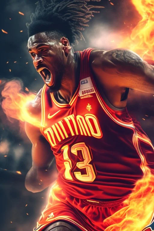 8k, highly realistic and detailed image of a NBA basketball player in action dunking the ball in the net, sweaty hair, screaming look,action and smoke and flames background