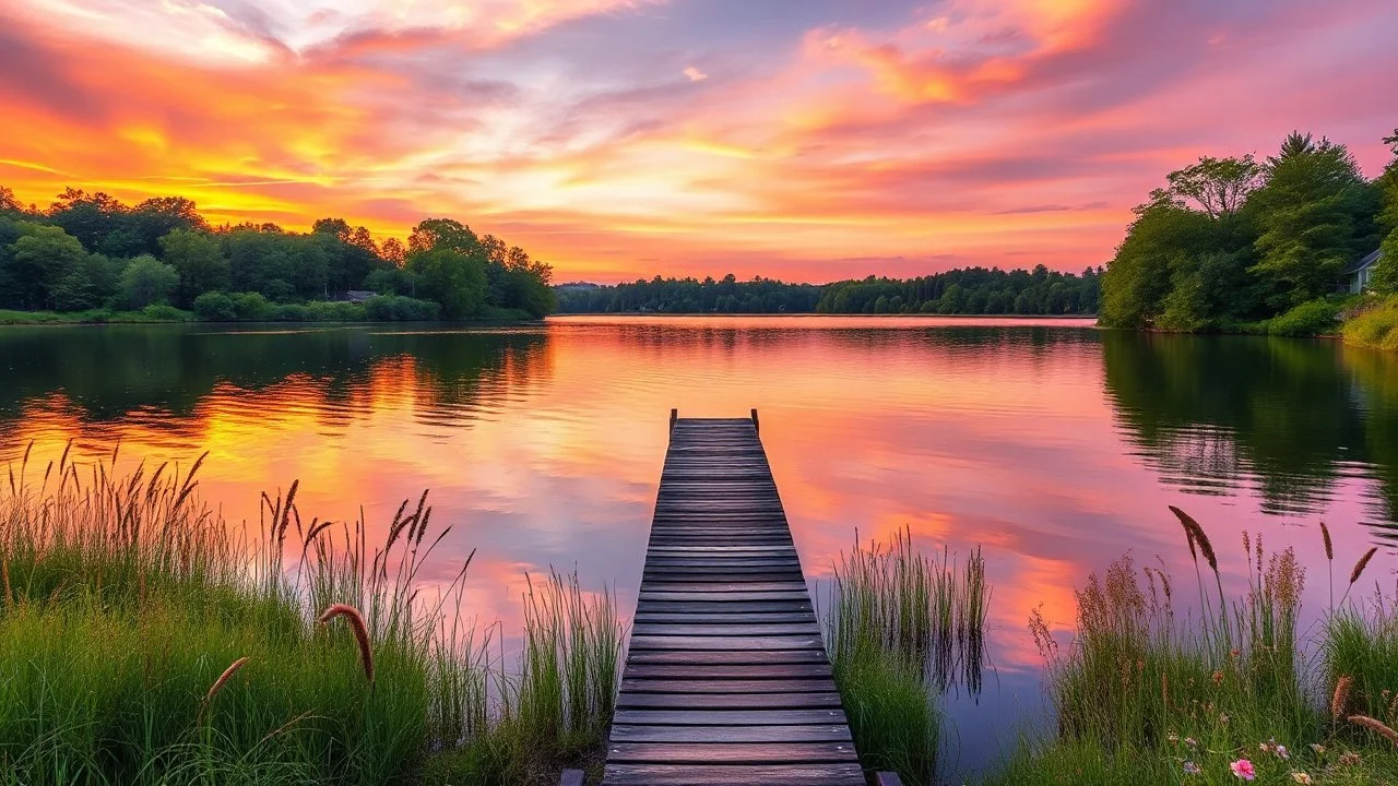 A tranquil lakeside scene at sunset with the sky turning to warm hues of orange, pink, and purple. The calm water reflects the colors of the sky, and a small wooden dock extends into the lake. Surrounding the lake are lush, green trees and soft grasses and flowers swaying gently in the breeze. Award-winning photograph, beautiful composition, exquisite detail and illumination