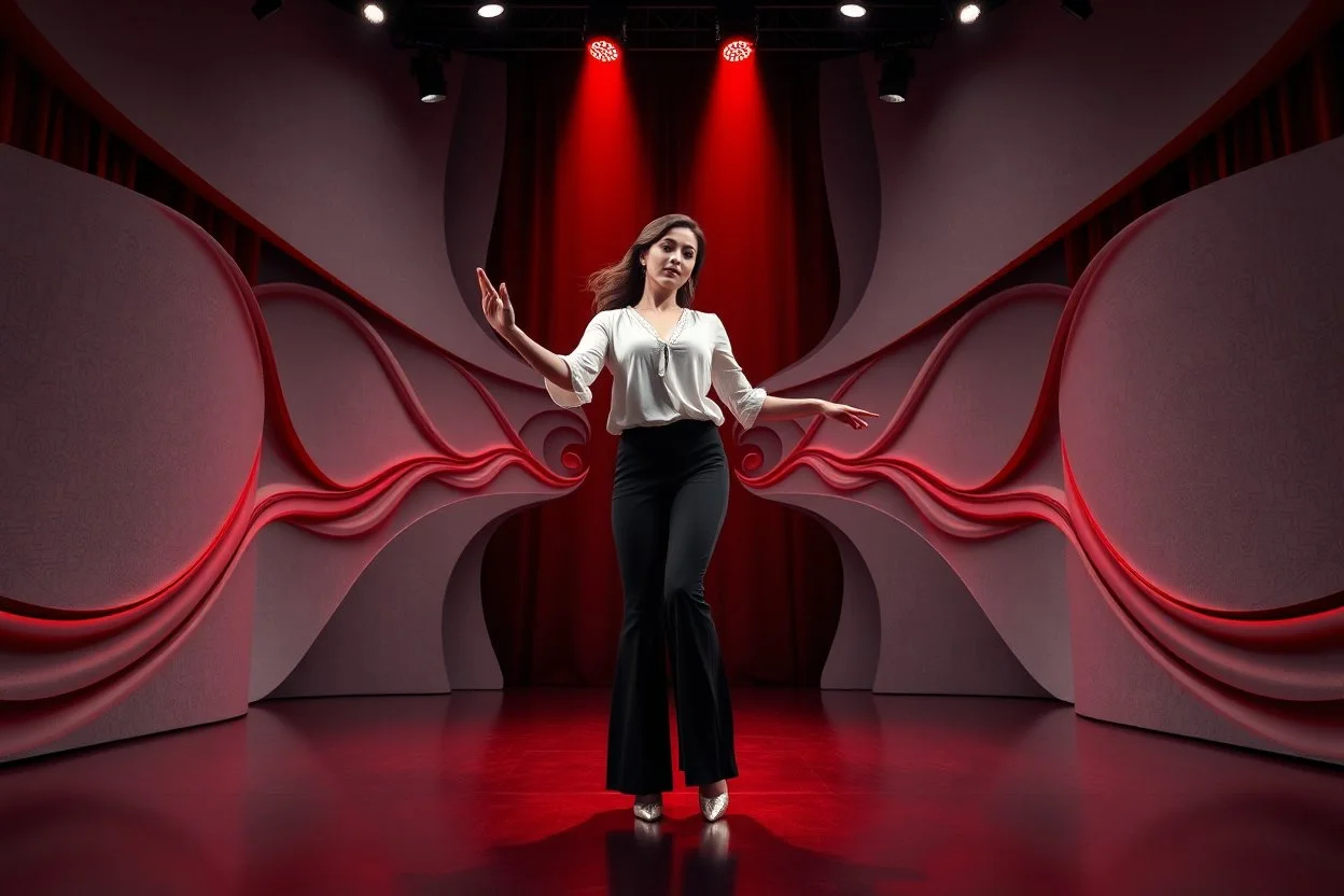 modern stage with gray-dark red theme artistic decoration , color full dynamic lighting, a beautiful lady in pants and blouse with shining silver jewels dancing, 3D recursive fractal structure animating background