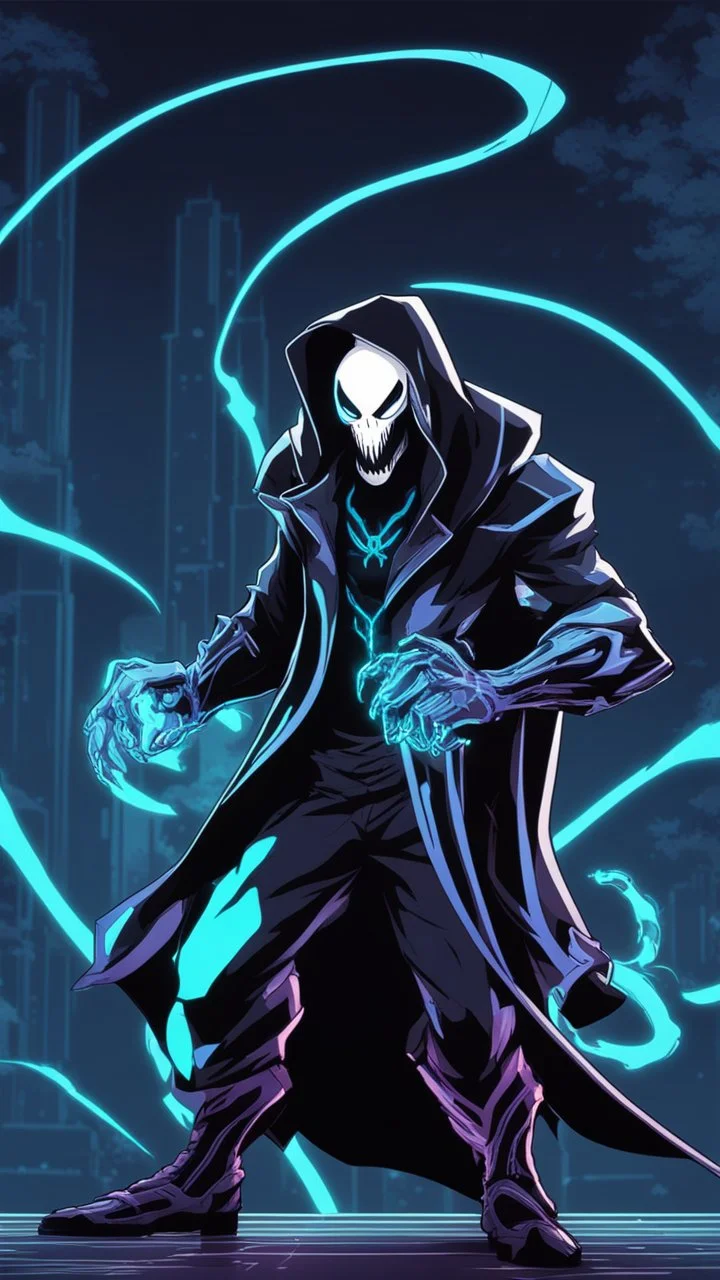 Mix between venom symbiote and Reaper in solo leveling shadow style with neon glowing blue