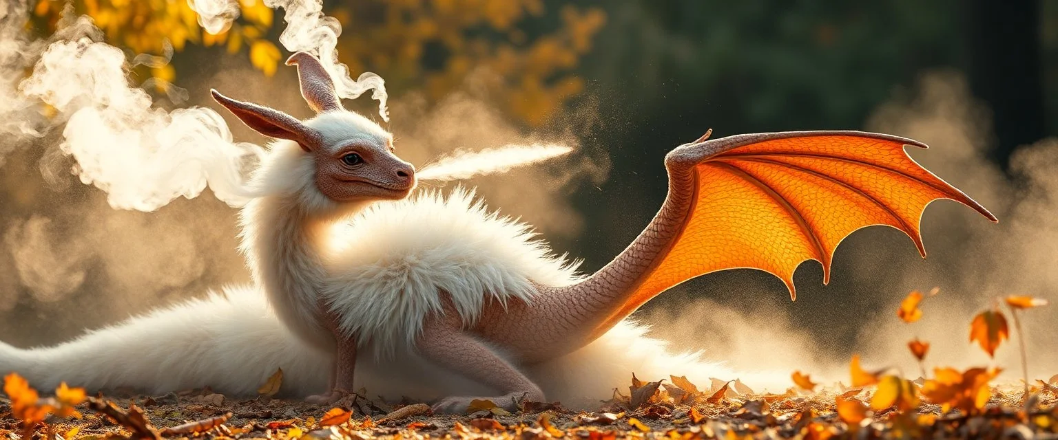 kangaroo dragon with white fluffy whool in autumn, breathing smoke