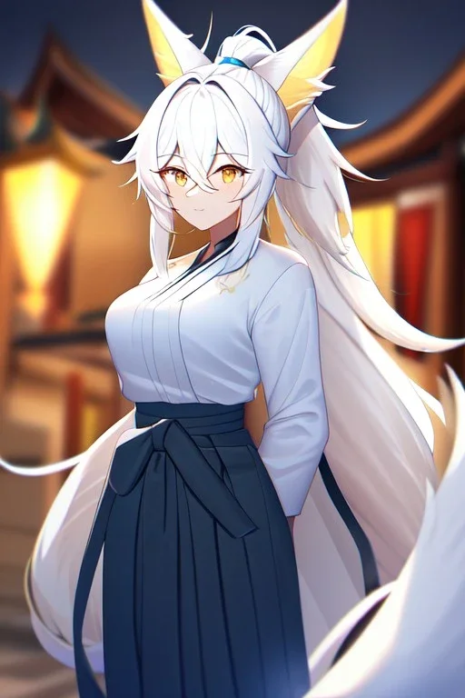 fox girl, masterpiece, best quality, cinematic lighting, detailed outfit, vibrant colors, perfect eyes, golden eyes, long hair, white hair, messy hair, hair between eyes, depth of field, ray tracing, ponytail, hakama, tails,