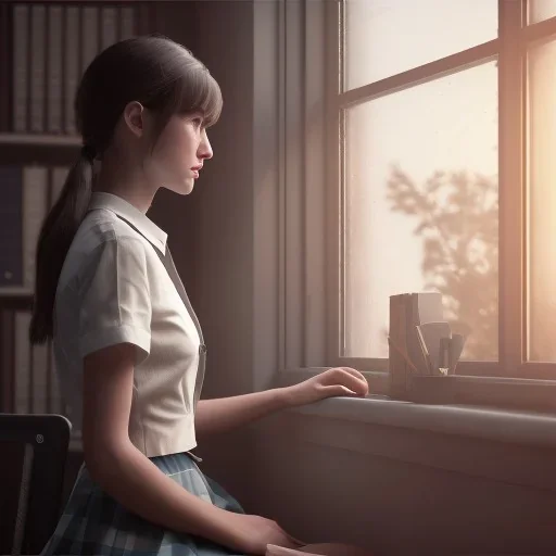 Study girl in classroom by the window ,movie, real photo realistic, unreal engine, cinematic lighting --ar 1:1 creative