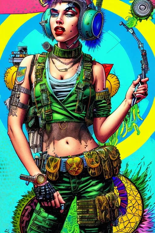 Digital illustration of comic book style cartooned Tank girl giving the middle finger, giant green military tank behind her, color pencils, ink, counter culture, dystopian, retro futuris. 90s riot girl look, punk aesthetics, collage, psychedelic, grime, textured, mixed media with a british pop culture influence, maximalism, feminist icon,