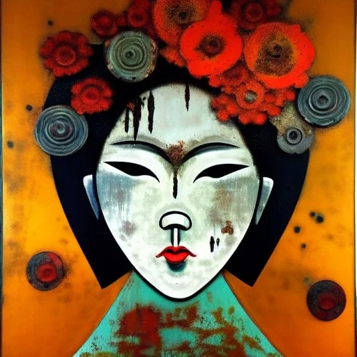 an abstract painting of rusted metal and flowers, Geisha portrait, rust, scaffolding, iron cladding, decay, mixed media, textured, anatomically correct, beautiful perfect face, sharp focus, highly detailed by Monet 8k