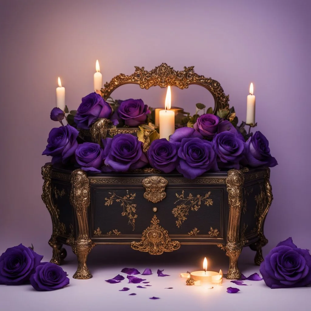 A black and gold decorated chest half opened and filled with purple blue roses in front of it a burning candle in delicate purple all on a light background