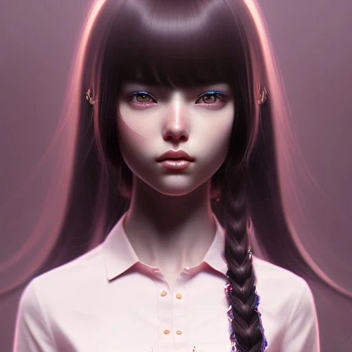 Japanese girl with big brown eyes and long black hair with bangs, cute, beautiful, high quality, insane detail, by Greg Rutkowski, straight bangs, asian, pink shirt