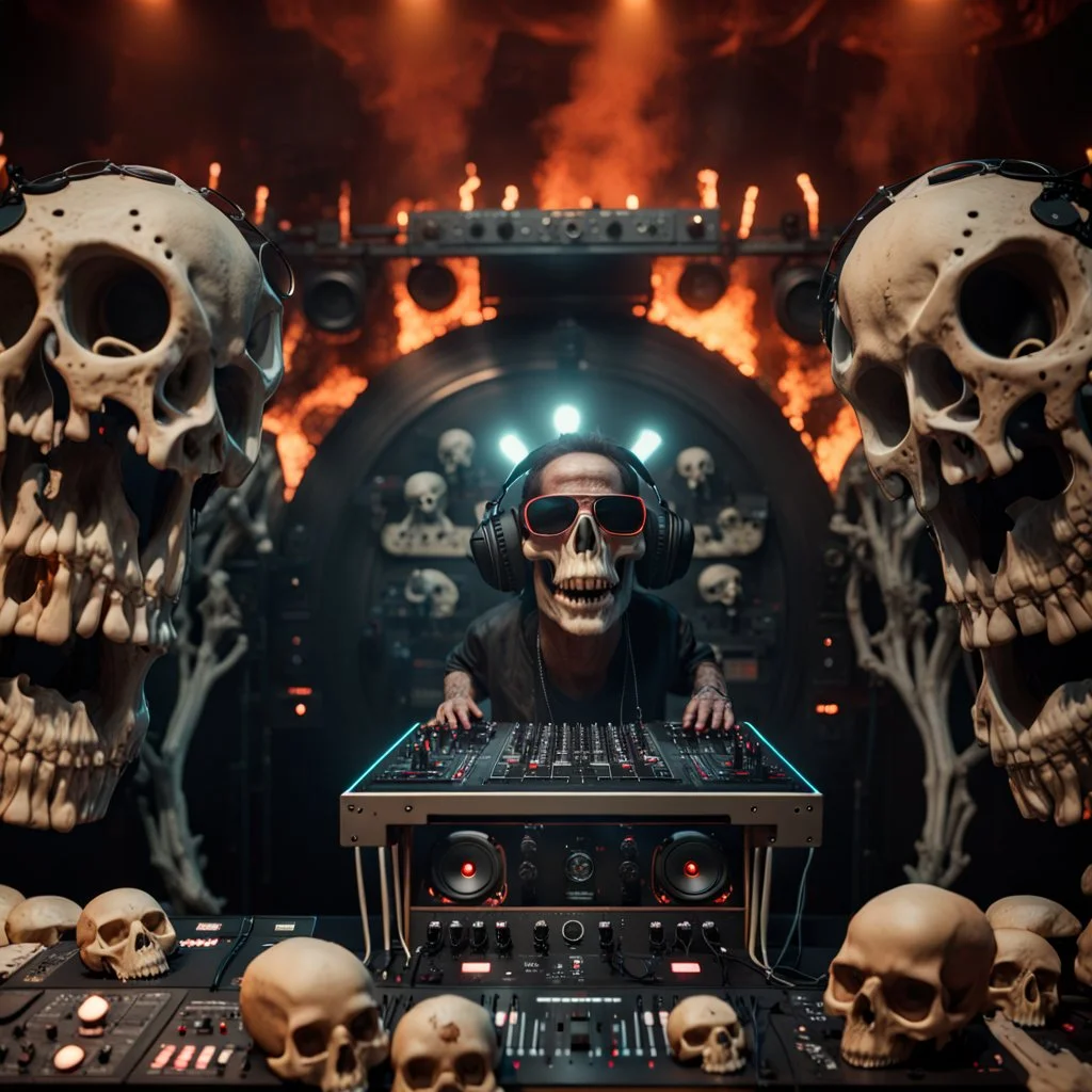 DJ of the damnded, insanely detailed DJ booth in hell, MID set, speakers and equipment made of bone, anatomically correct, add more skulls in th audience, photorealism, vray, 8k 3d