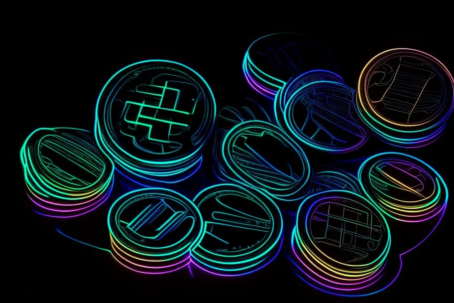 black background, outlines of a holographic coins, drawn from thin neon-coloured glowing lines