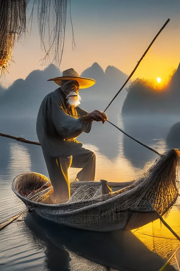 Old fisherman netting the fish on boat at guilin China at morning sunrise