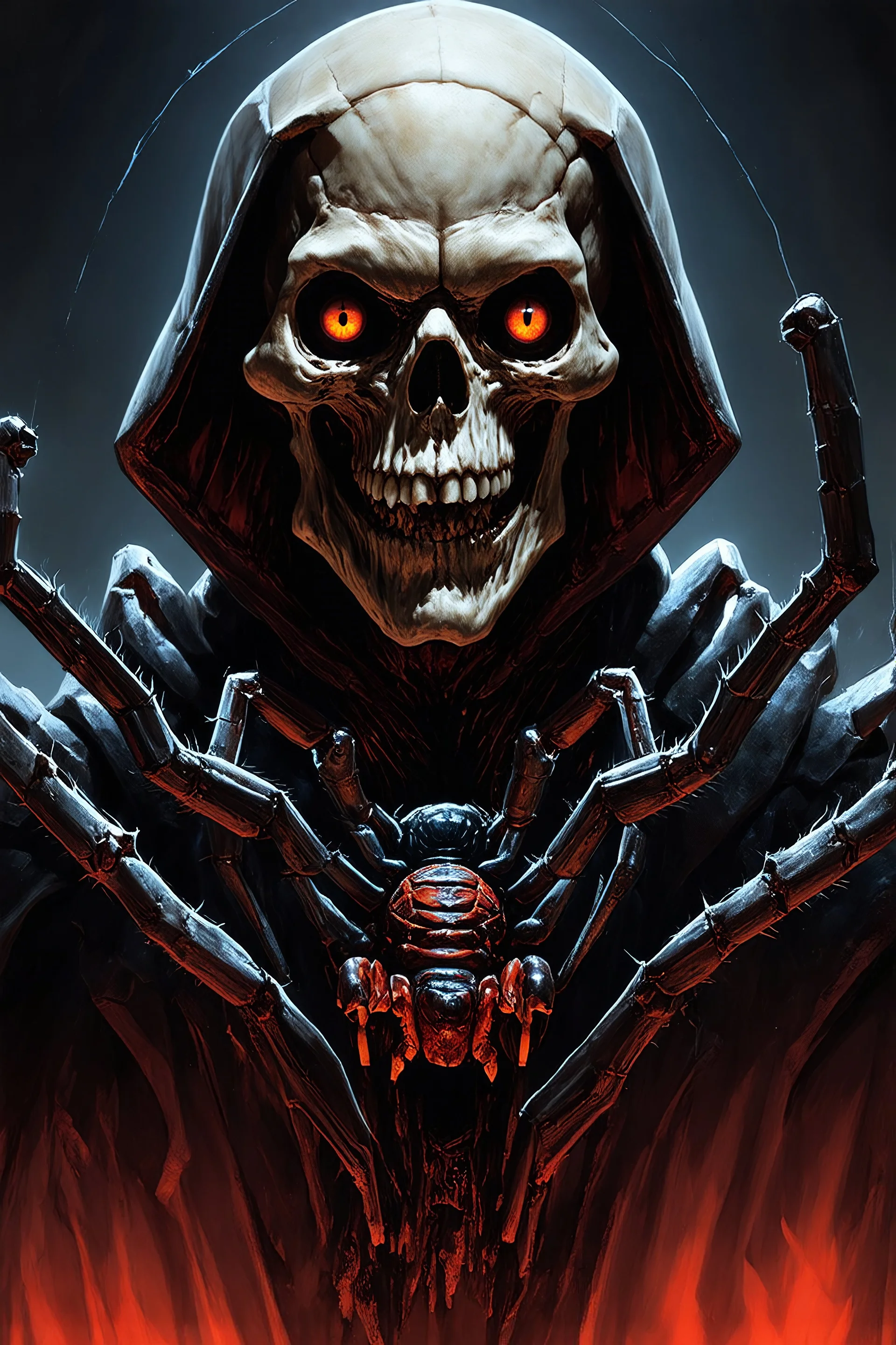 Death warmed over is a half flesh half machine version of the grim reapler with 8 spider like eyes and a central eye to see everying else.