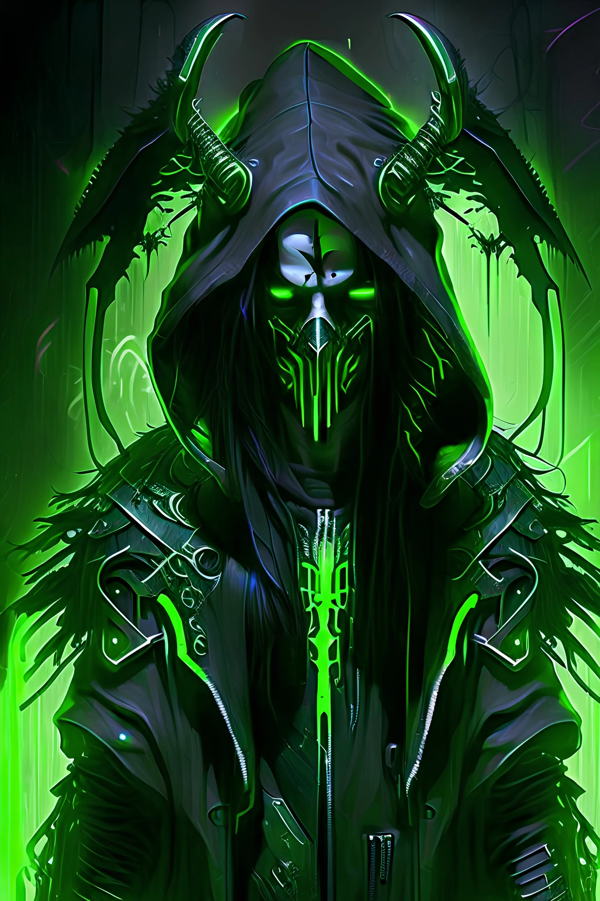 Cyberpunk Angel of death in black outfit with green neon accents, he has terryfing mask on face, and has horns on head, he's hooded, he has long black hair