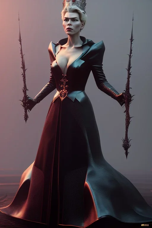 Hannah Waddingham as evil queen in black leather gown, busty, cleavage, voluptous, rebecca Welton, angry, stern look. character design by cory loftis, fenghua zhong, ryohei hase, ismail inceoglu and ruan jia. unreal engine 5, artistic lighting, highly detailed, photorealistic, fantasy