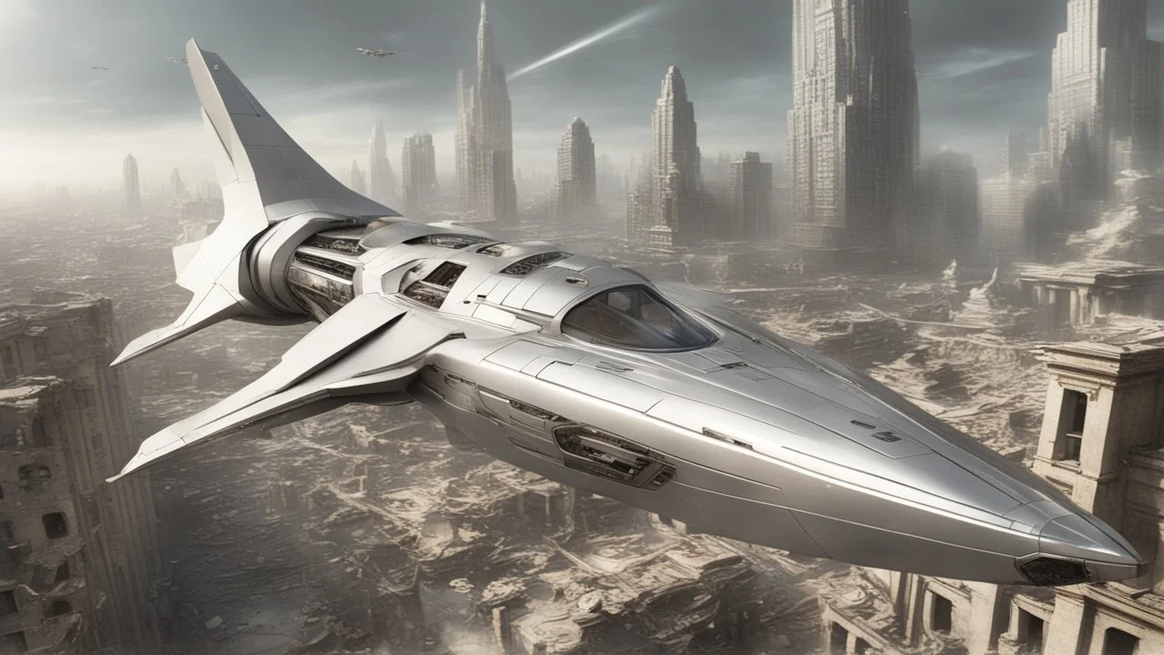 a photorealistic sleek silver spaceship flying over a ruined city