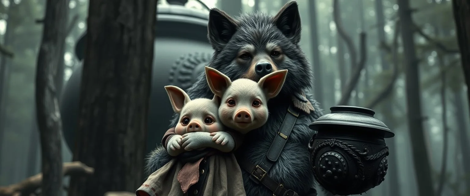 bad hairy chest wolf carrying a lovely scared wtf are you up to, Korean pig girl with dress under his arms, big cauldron in the background in the style of fallout 4, in black forest