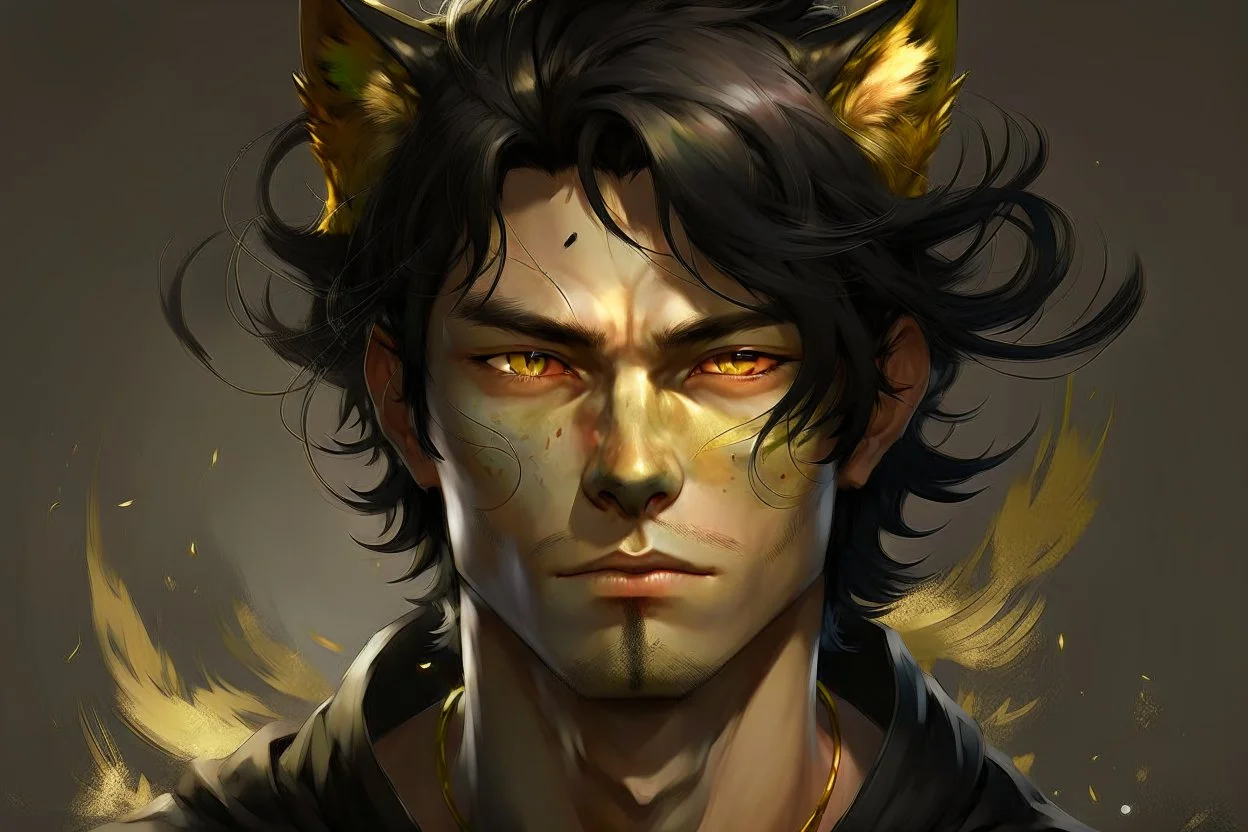 man with messy black hair, gold eyes, large black cat ears on his head, realistic